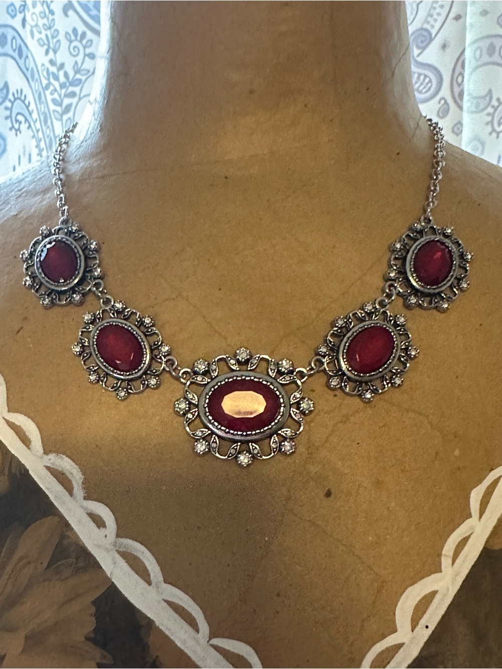 Red Ornate Oval Stone Necklace by Red